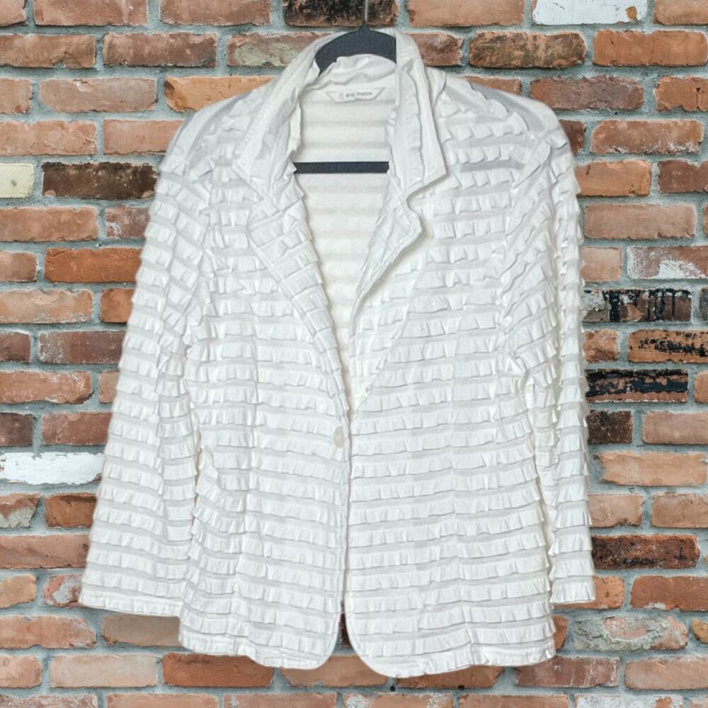 Erin London Women's Size 12 White Ruffle Blazer Layered One Button Long Sleeve